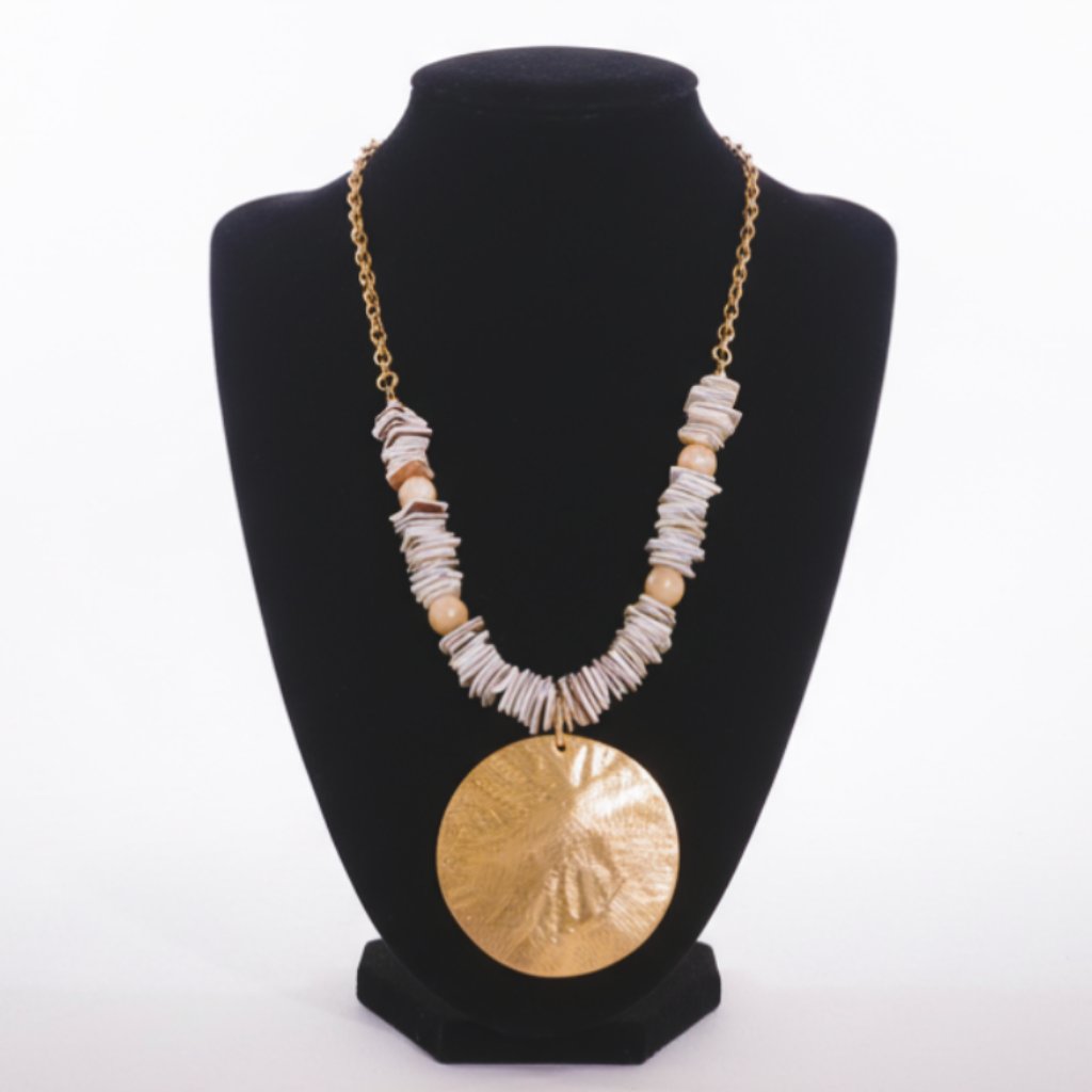 Puka Shell Statement Necklace With Gold-Toned Circular Pendant. Brand New.